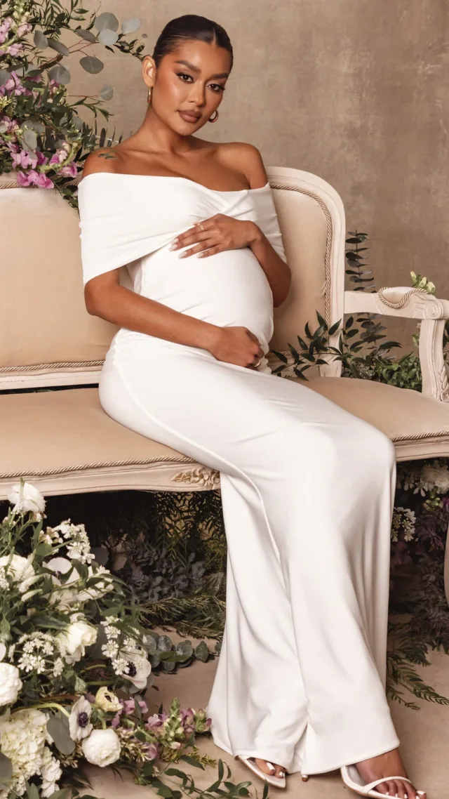 White Bardot Wrap Neckline Maternity Maxi Dress