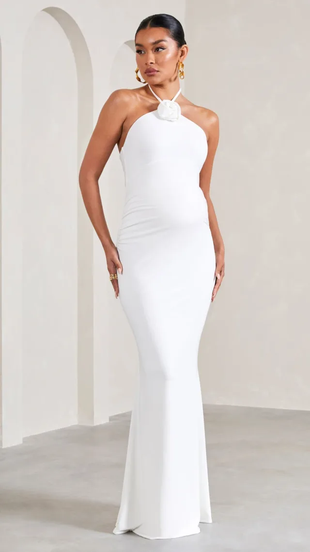 White Halter-Neck Maternity Maxi Dress With Flower Corsage