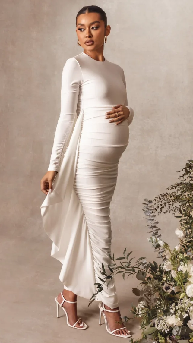 White Long Sleeve Ruched Maternity Midi Dress With Frill Detail