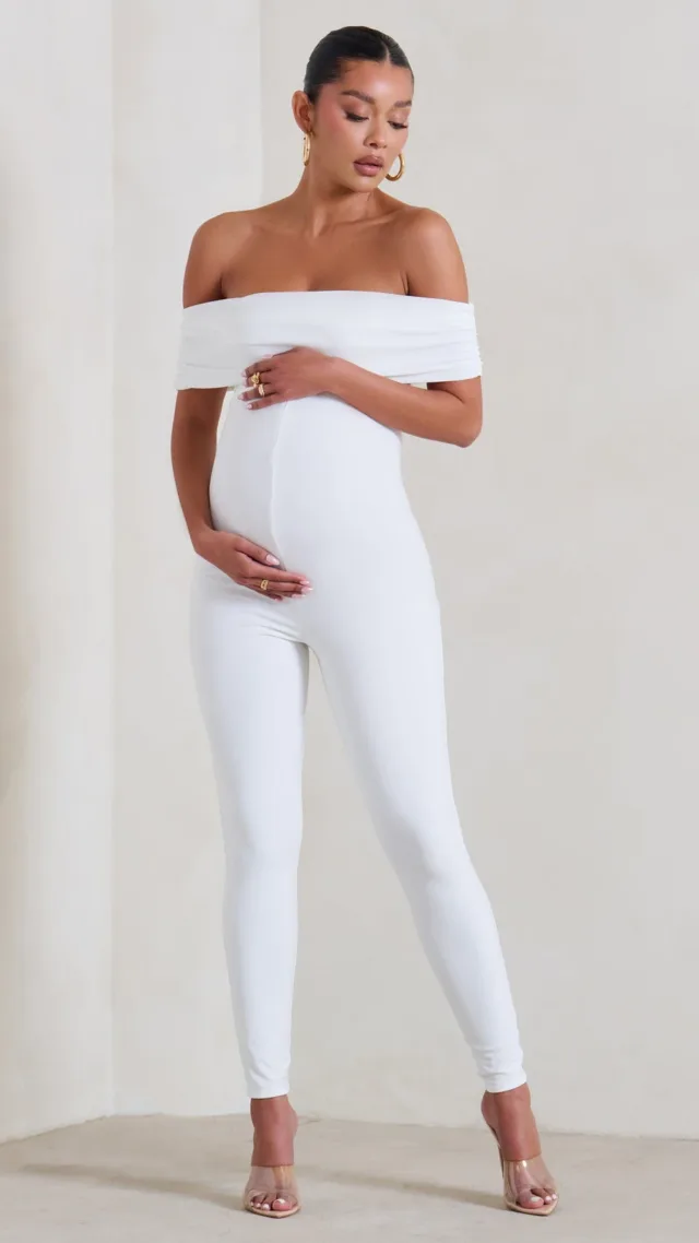 White Maternity Bardot Fitted Jumpsuit