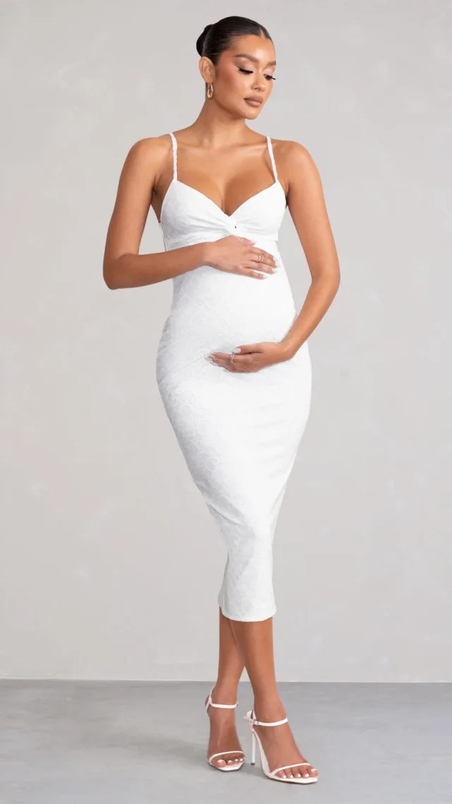 White Maternity Cami Midi Dress With Twist Plunge