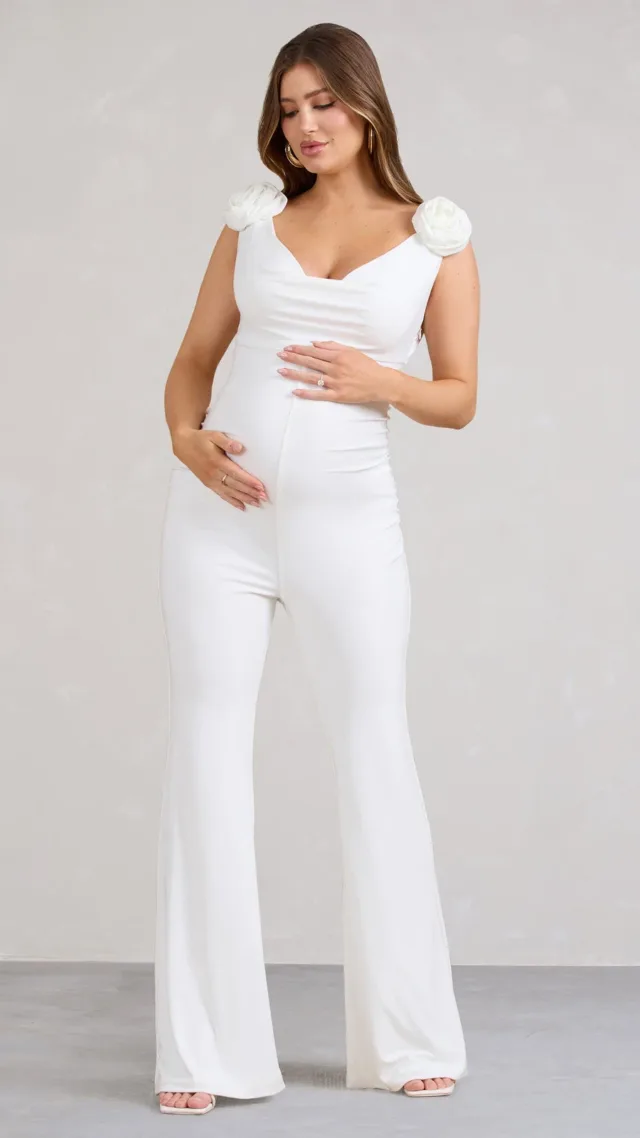 White Maternity Cowl Jumpsuit With Flower Design