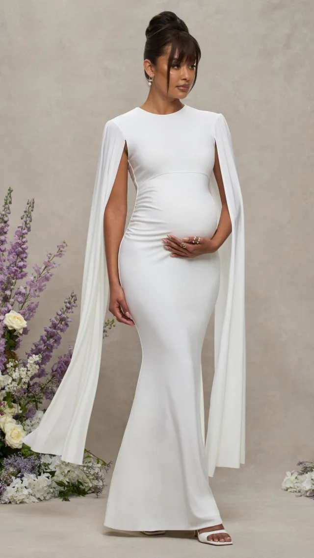 White Maternity Maxi Dress With Cape Sleeves