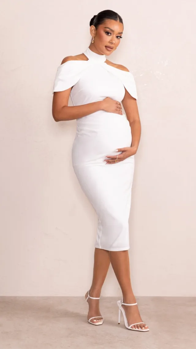 White Maternity Midi Dress With High Neck And Draped Cold Shoulder Sleeves