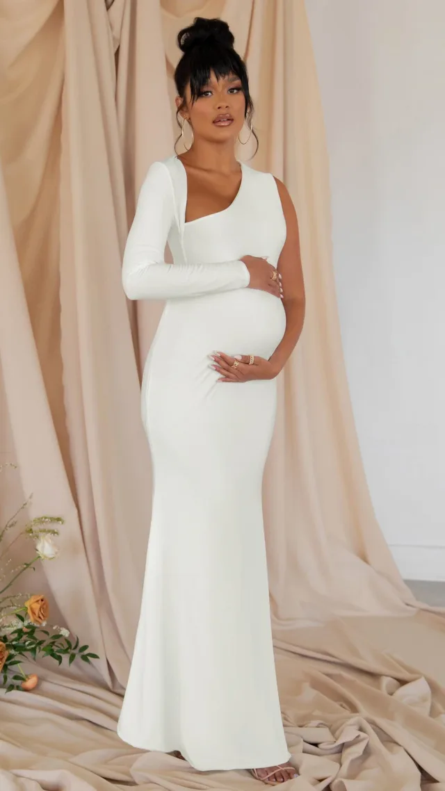 White Maternity One Shoulder Bodycon Maxi Dress