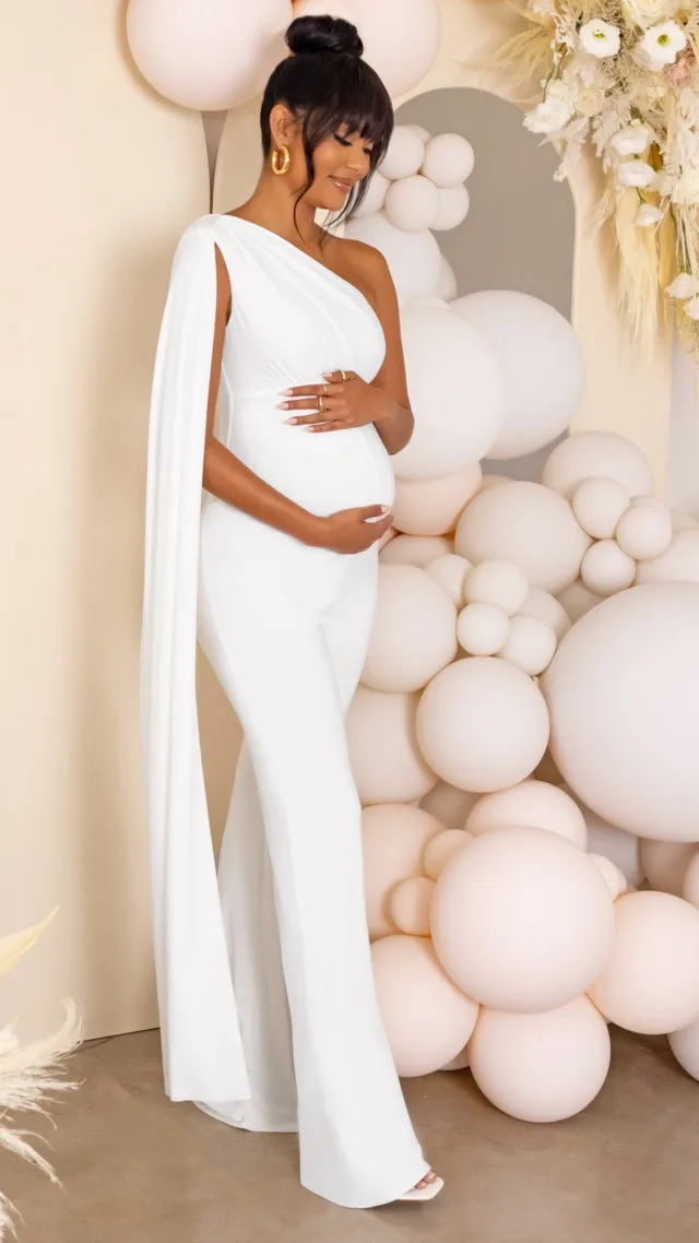 White Maternity One Shoulder Cape Jumpsuit