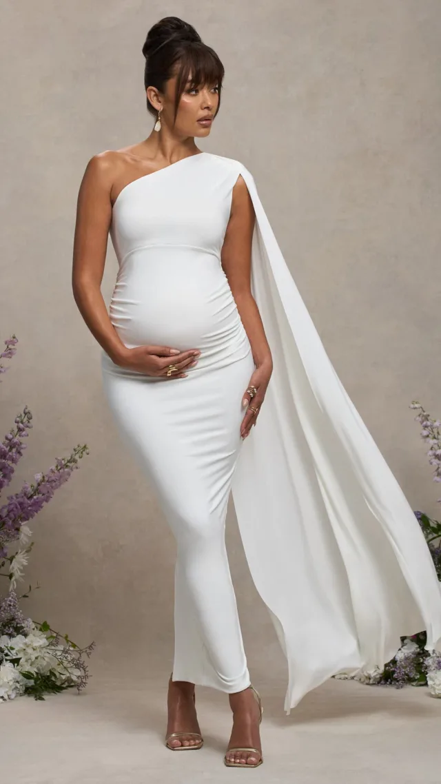 White Maternity One Shoulder Maxi Dress With Cape Sleeve