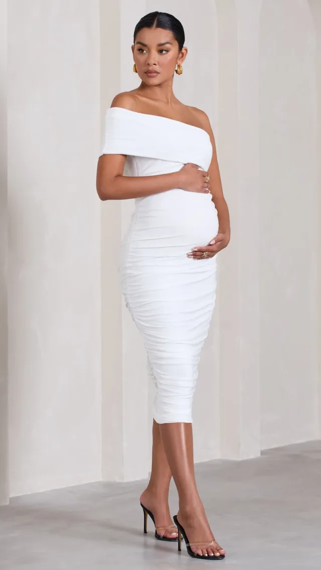 White Maternity One Shoulder Midi Dress