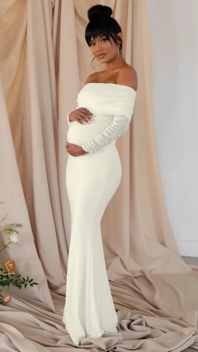 White Maternity Ruched Mesh Bardot Maxi Dress