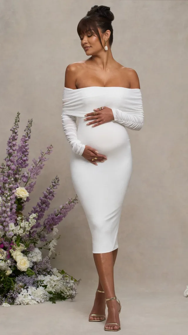 White Maternity Ruched Mesh Bardot Midi Dress