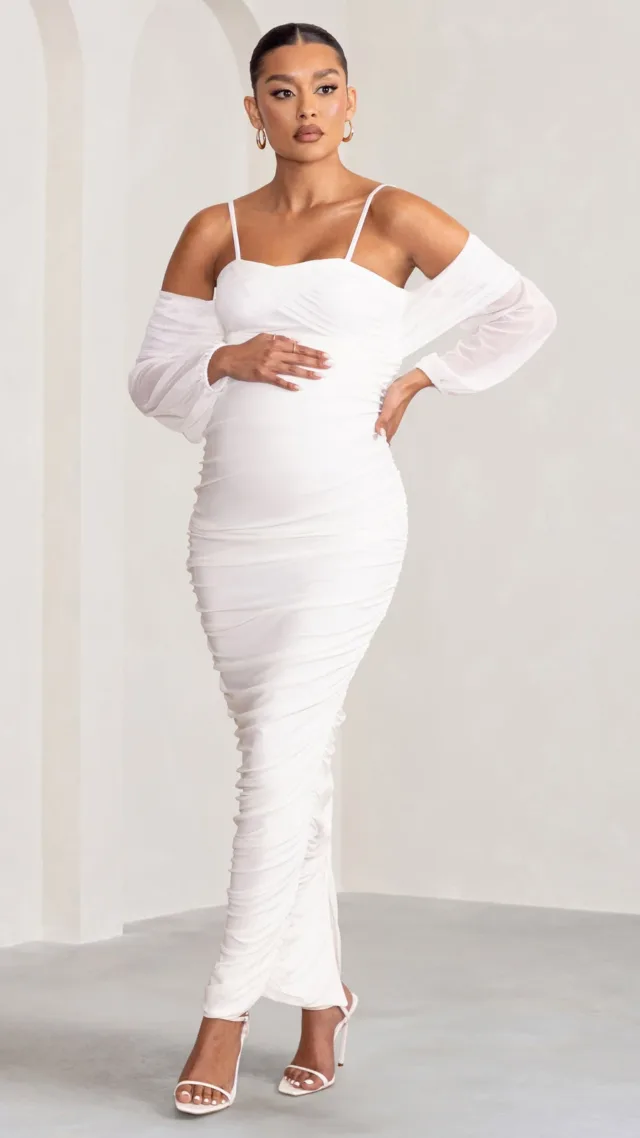 White Maternity Ruched Mesh Maxi Dress