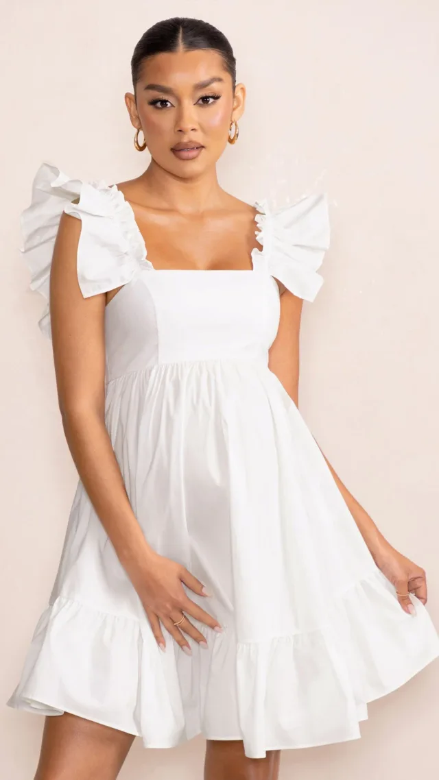 White Maternity Ruffle Sleeve Babydoll Mini Dress