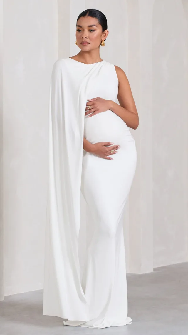 White One-Sleeve Cape Maternity Maxi Dress