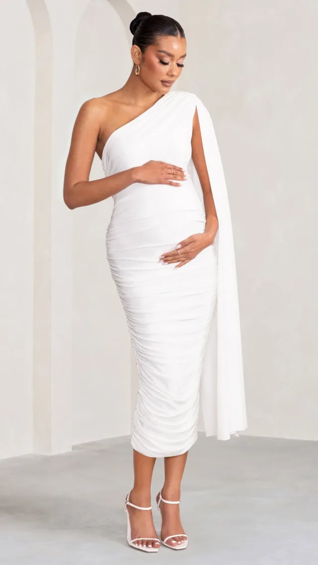 White One Sleeve Ruched Maternity Midi Dress With Cape Sleeve