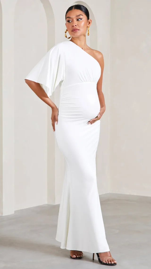 White Ruched Asymmetric One-Shoulder Maternity Maxi Dress