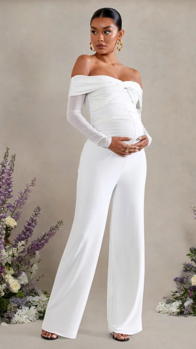 White Ruched Bardot Long-Sleeved Wide-Leg Maternity Jumpsuit