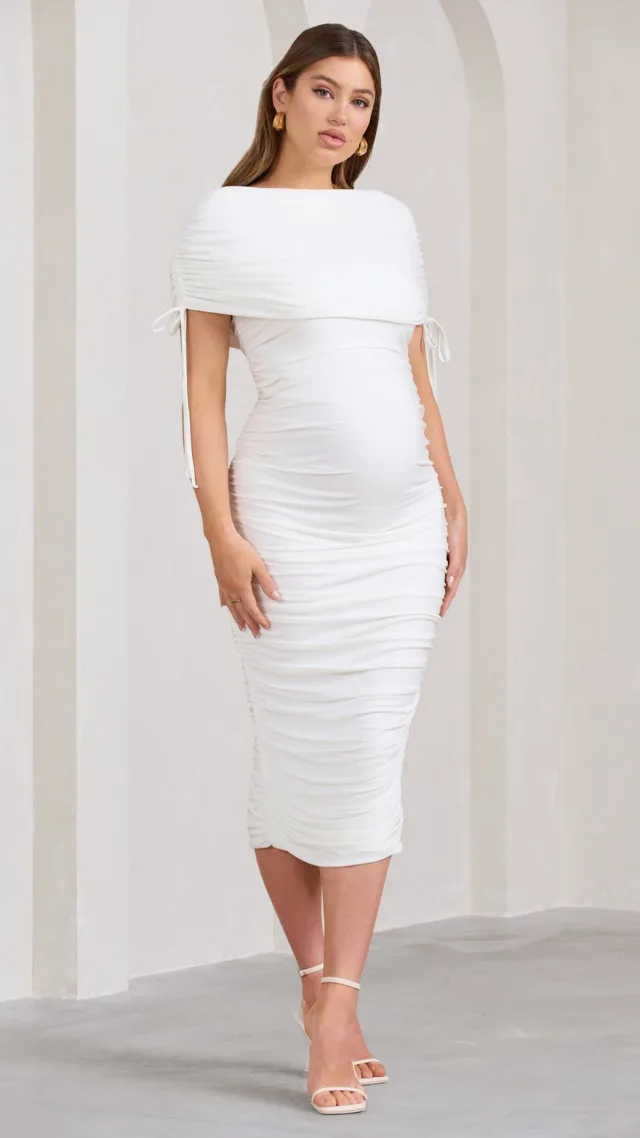 White Ruched Bardot Maternity Midi Dress