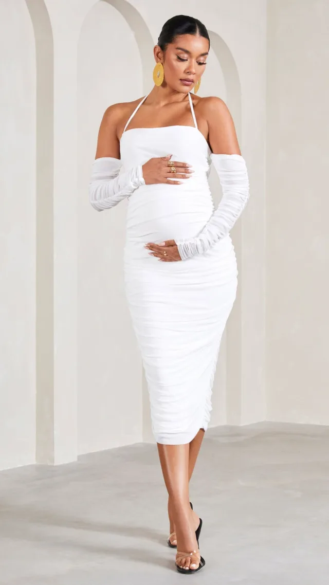 White Ruched Long-Sleeved Halter-Neck Maternity Midi Dress