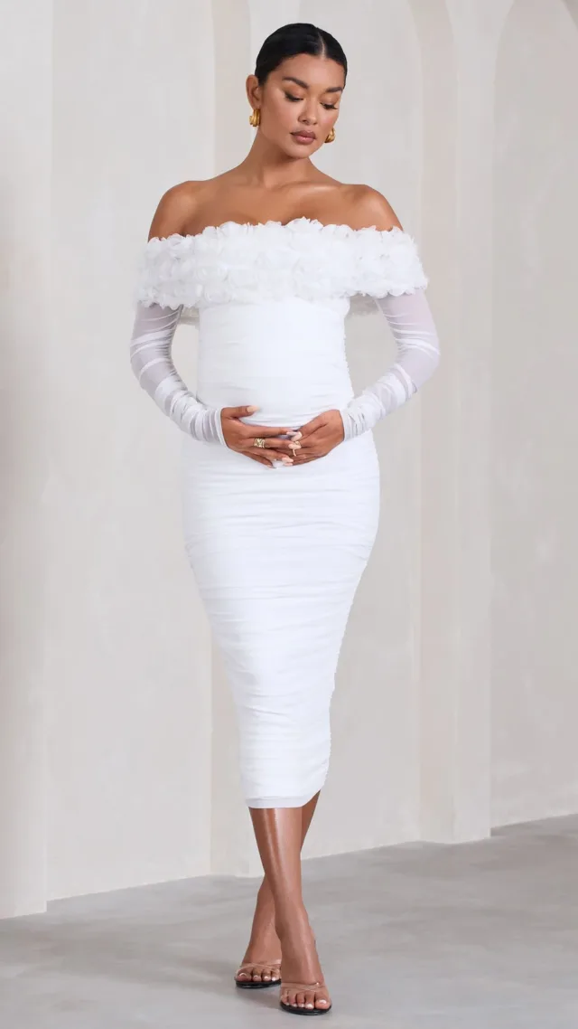 White Ruched Mesh Floral Bardot Maternity Midi Dress