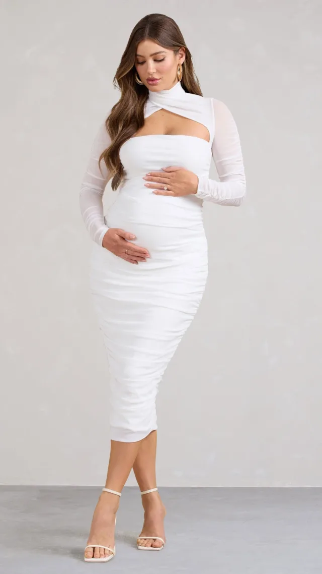 White Ruched Mesh Long-Sleeved Maternity Midi Dress