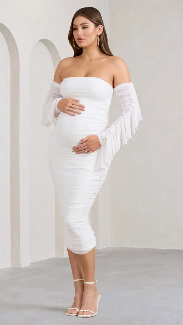 White Ruched Mesh Maternity Midi Dress With Ruffled Sleeves