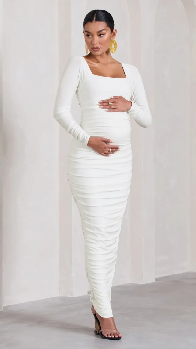 White Ruched Square-Neck Long-Sleeve Maternity Maxi Dress