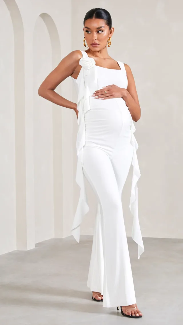 White Square-Neck Flared-Leg Maternity Jumpsuit With Flowers