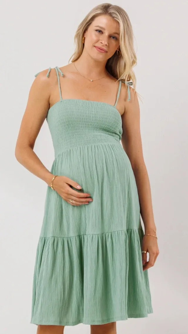 Smocked Tie Strap Maternity Ruffle Dress