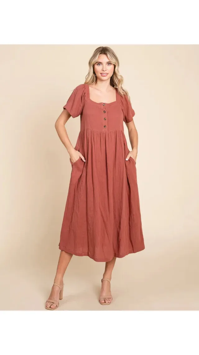 Square Neck Cotton Midi Dress In Astro Rust