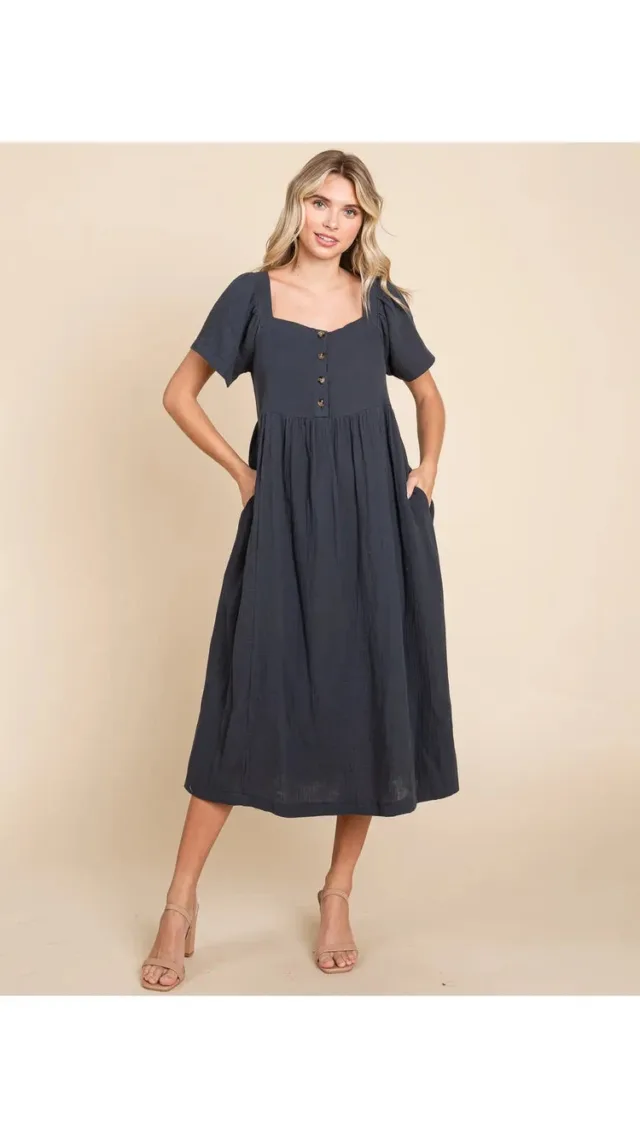 Square Neck Cotton Midi Dress In Orion Blue