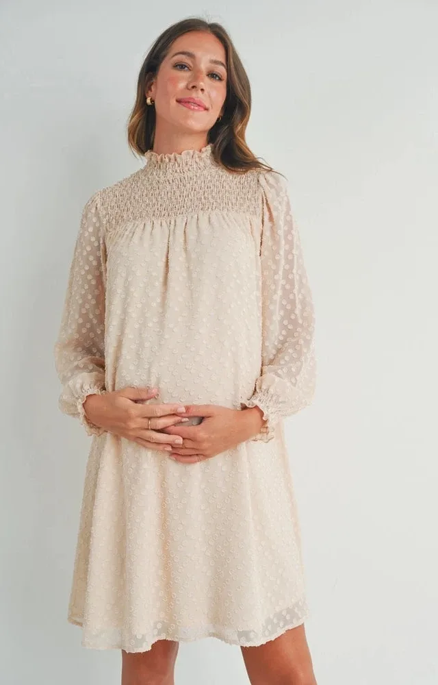 Textured Dot Chiffon Mock Neck Maternity Dress