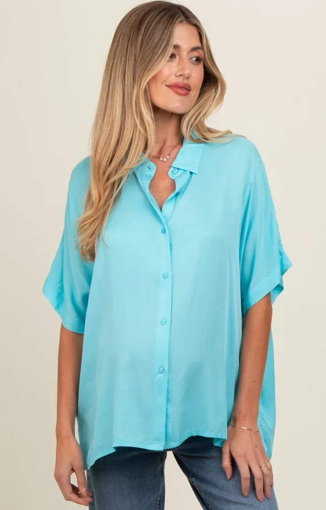 Aqua Dolman Sleeve Button Down Maternity Blouse