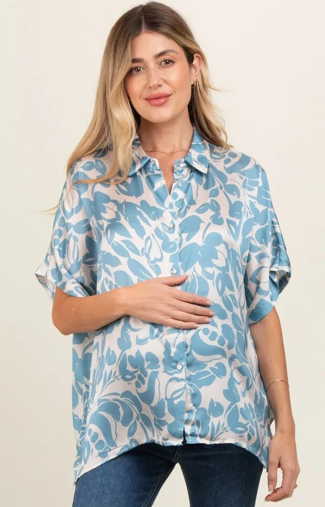 Aqua Floral Button Down Maternity Blouse