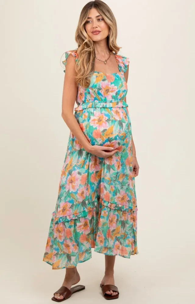 Aqua Watercolor Floral Ruffle Accent Maternity Midi Dress