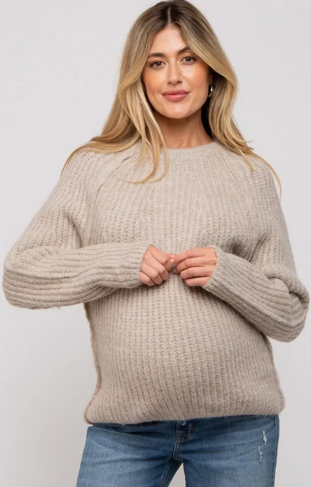 Beige Basic Chunky Knit Maternity Sweater