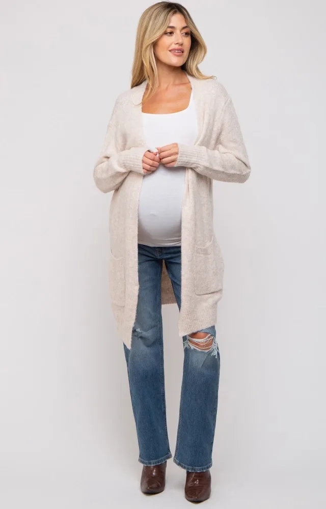 Beige Basic Knit Maternity Cardigan