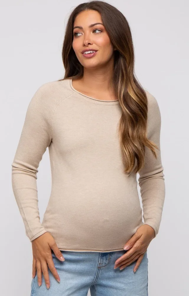 Beige Basic Raglan Sleeve Maternity Sweater Top