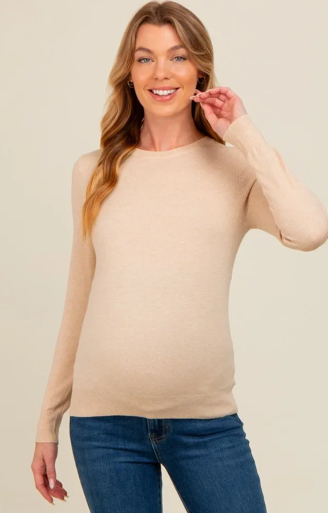 Beige Basic Soft Knit Maternity Sweater