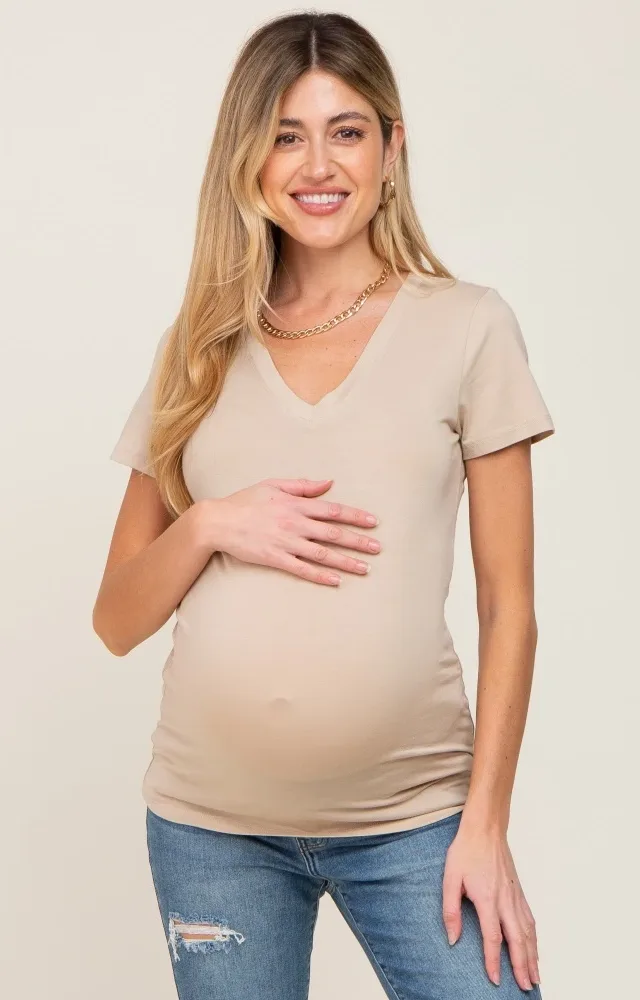 Beige Basic V-Neck Maternity Tee