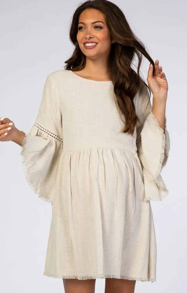 Beige Bell Sleeve Babydoll Maternity Dress