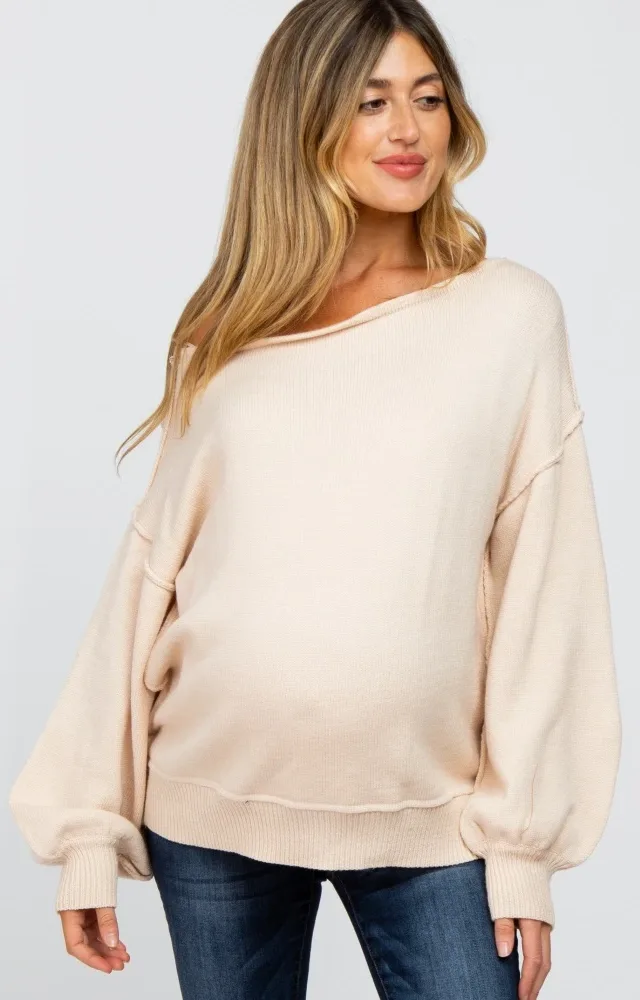 Beige Boat Neck Bubble Sleeve Maternity Sweater