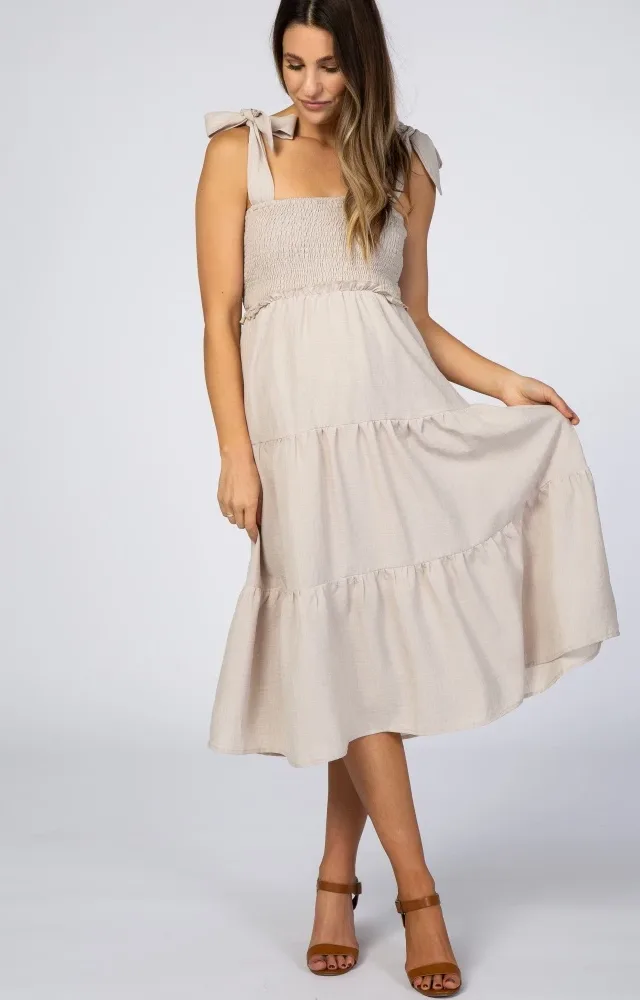 Beige Bow Strap Tiered Maternity Midi Dress