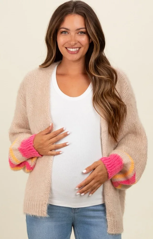 Beige Brushed Knit Striped Sleeve Maternity Cardigan