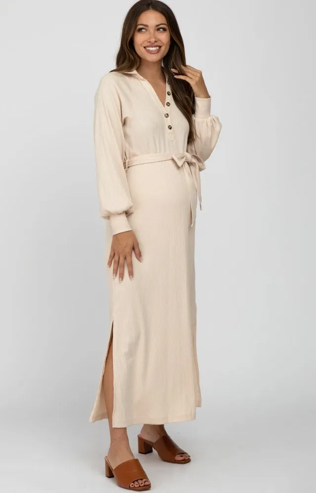 Beige Button Accent Collared Maternity Maxi Dress