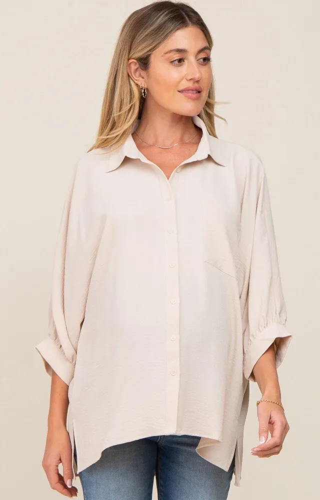 Beige Button Down 3/4 Sleeve Maternity Top