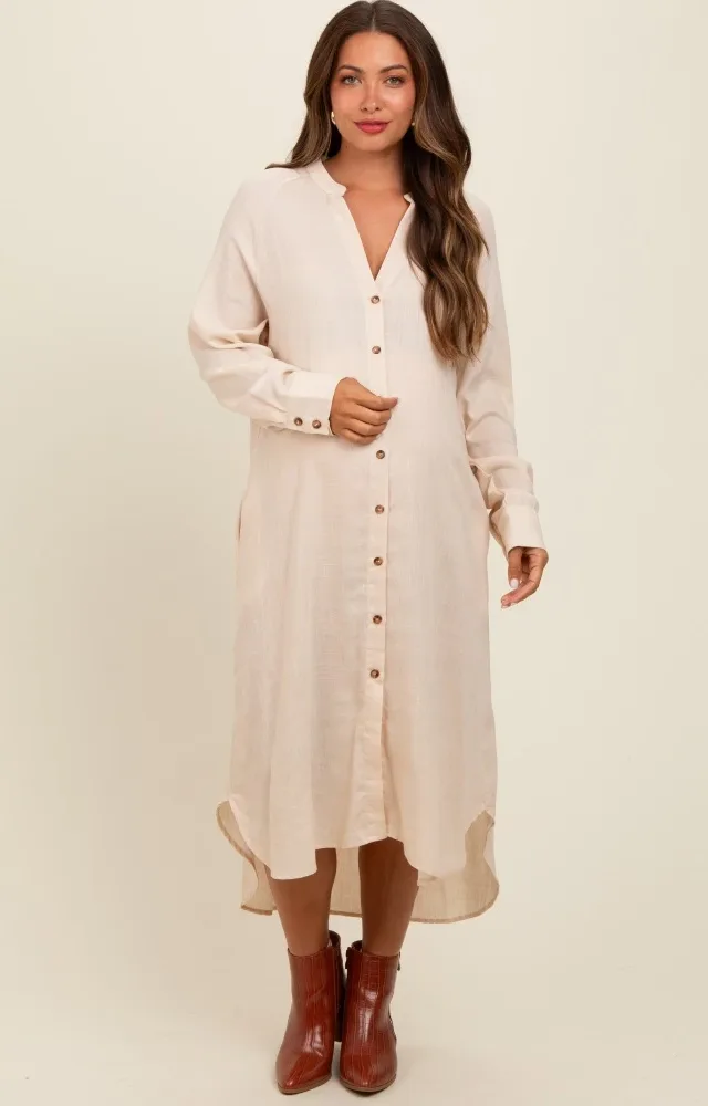 Beige Button Down Maternity Midi Dress