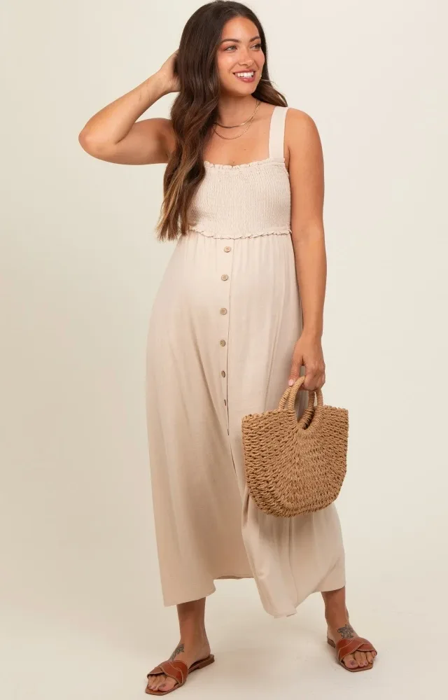 Beige Button Down Smocked Maternity Dress