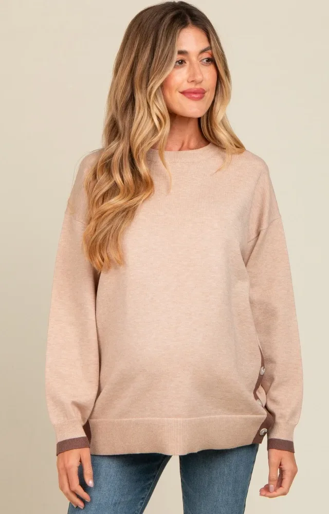 Beige Button Up Side Detail Maternity Sweater