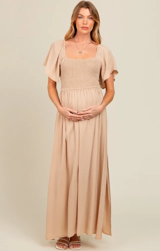 Beige Chambray Smocked Maternity Maxi Dress