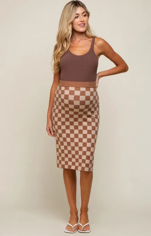 Beige Checkered Knit Maternity Skirt